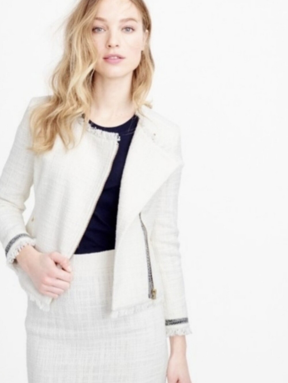 J Crew Tweed Textured Motorcycle Jacket Fringe Trim White Black Career Classic 2